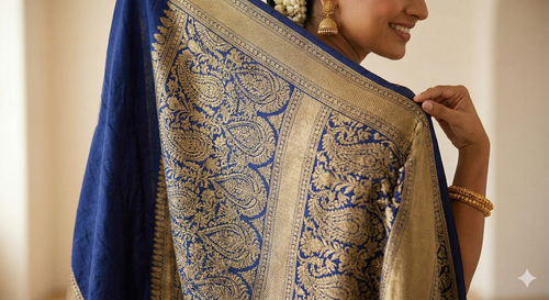 Elegant Midnight Blue Banarasi Silk Saree with Gold Zari Work
