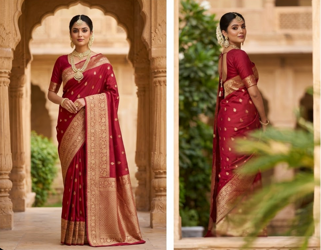 Royal Crimson Hand-Woven Silk Bridal Saree with Antique Zari Work