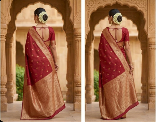 Royal Crimson Hand-Woven Silk Bridal Saree with Antique Zari Work